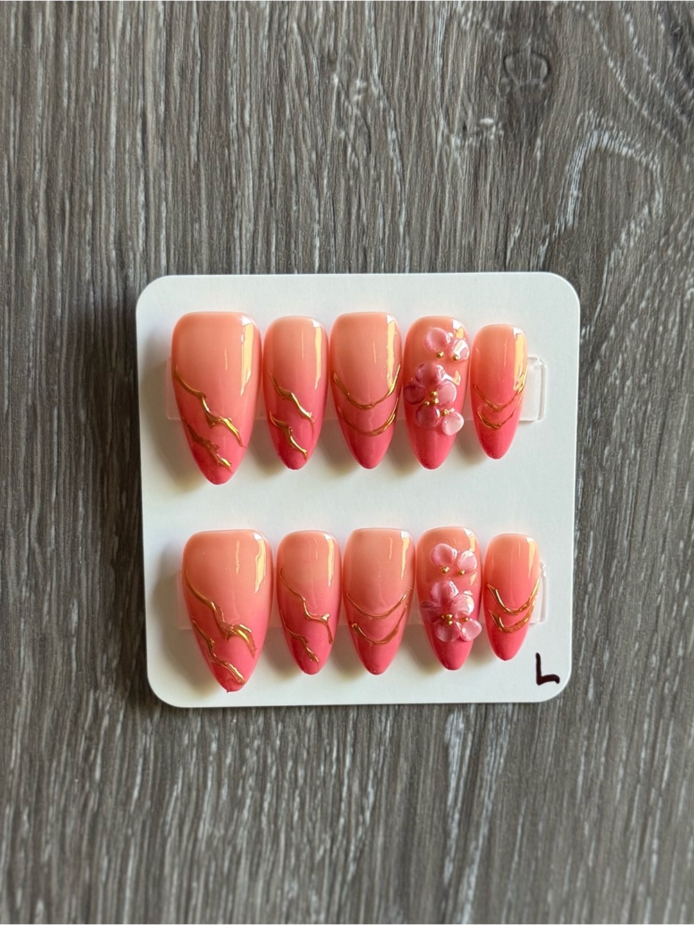 Peach Pink Ombre Press-On Nails with Gold Detail